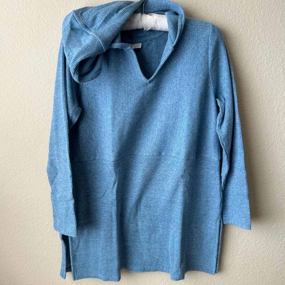 J.Jill Hooded Split-Neck Sweater Tunic Blue Heather Side-Slit Size Petite Medium - Picture 3 of 16